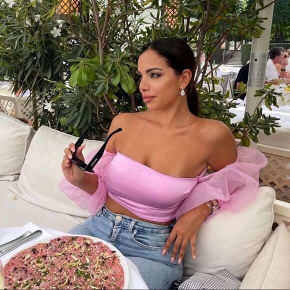 Zara pink satin strapless top with organza balloon sleeves - Picture 5 of 8